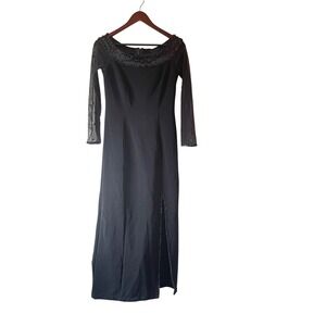 Vintage Bari Jay Black Beaded Sheer Sleeve Formal Gown Maxi Dress Side Slit